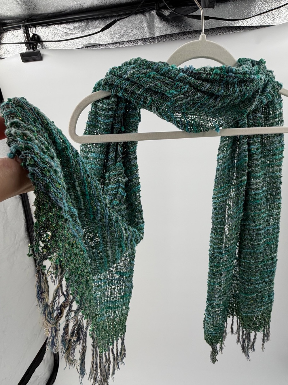 Y2K Women's‎ Green & Blue Striped Acrylic Knit Rectangle Scarf with Fringe